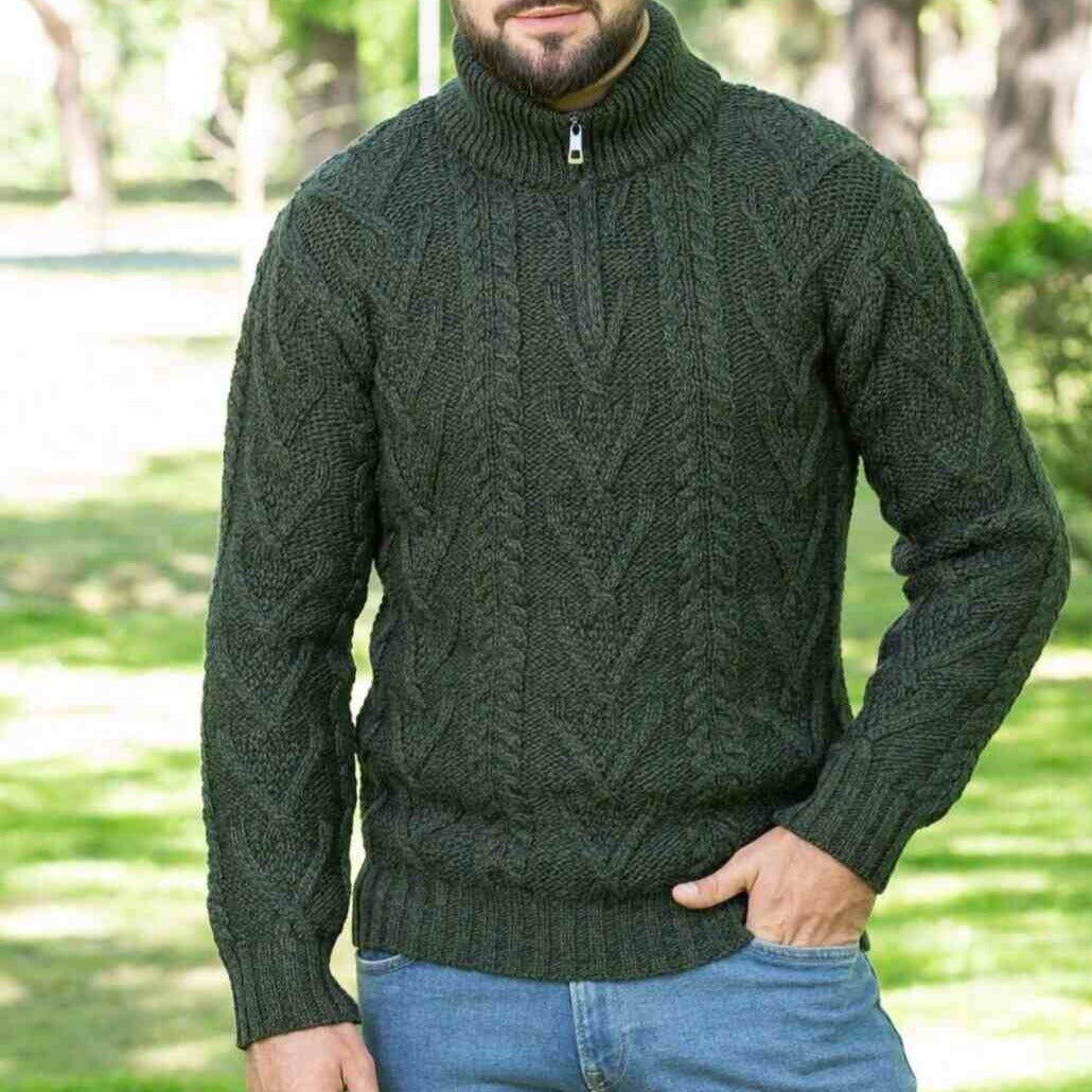 Mens Green Zip Neck Fisherman Aran Sweater