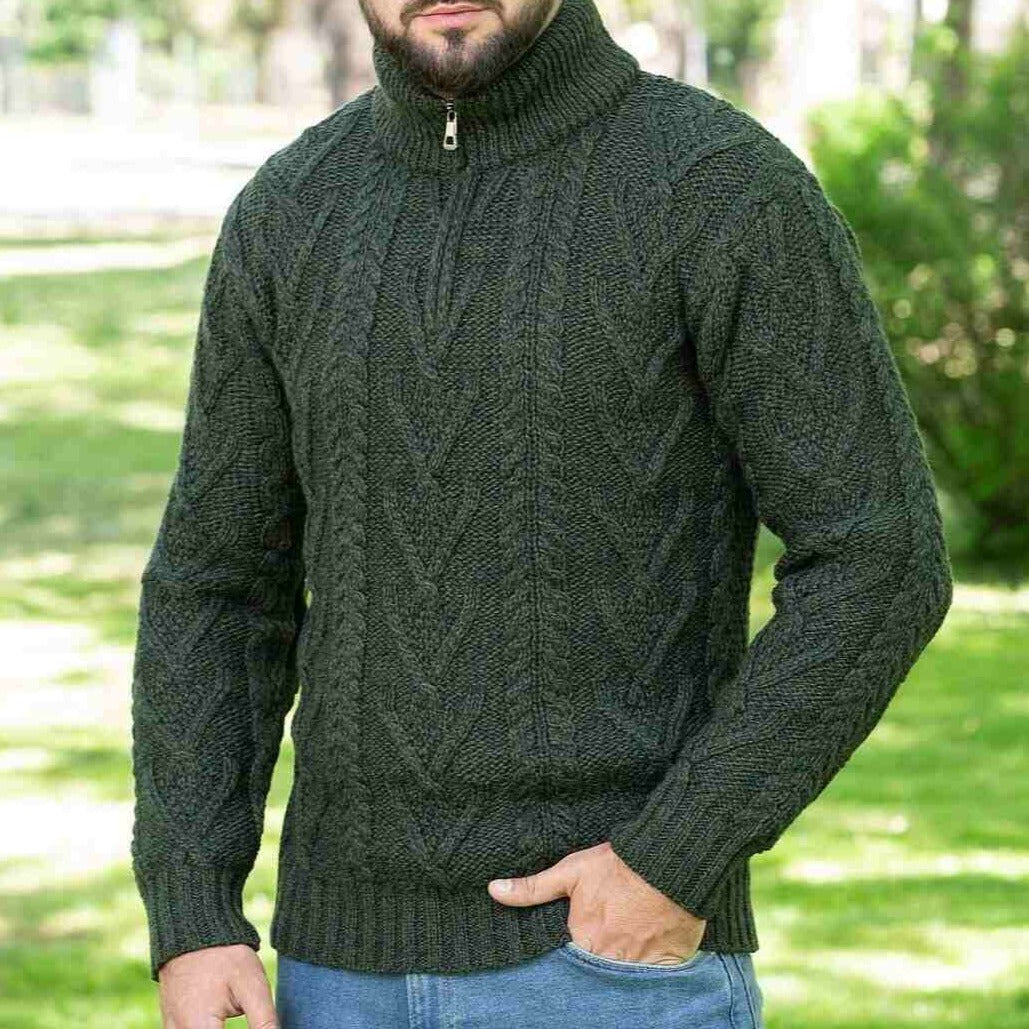 Mens Green Zip Neck Fisherman Aran Sweater