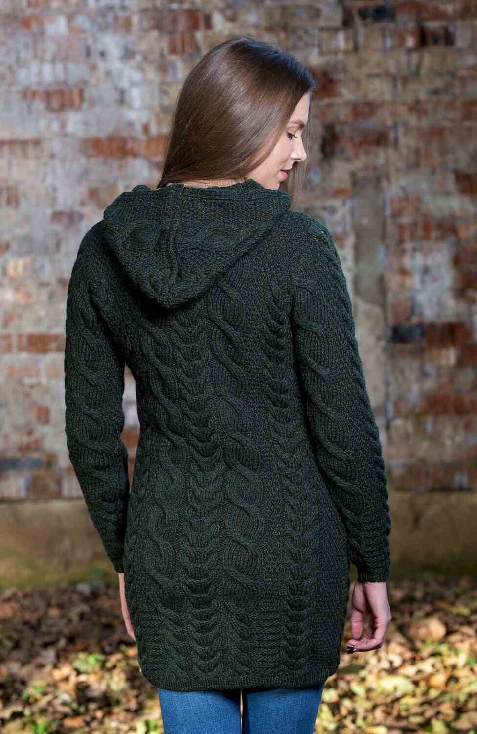 Ladies' Aran Knit Hooded Zip Green Coatigan