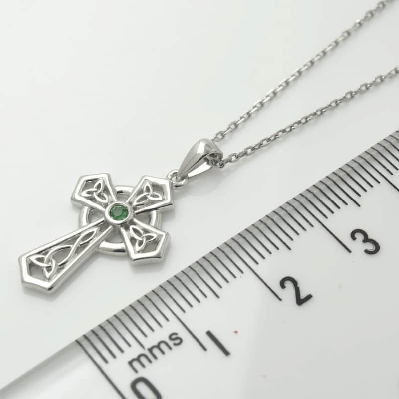 Sterling Silver Green Crystal Trinity Knot Celtic Cross