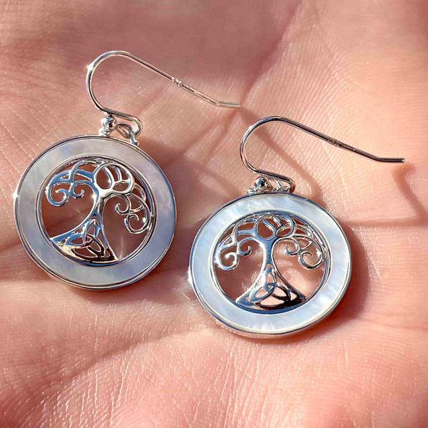 Silver Mother of Pearl Tree of Life Earrings