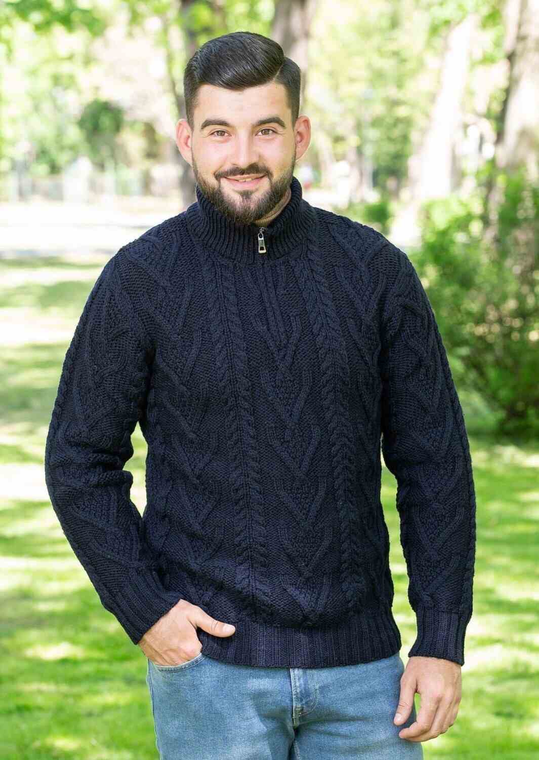 Men's Charcoal Aran Zipper Cardigan