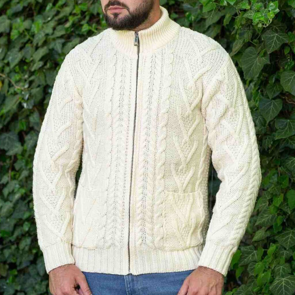 Men's White Aran Full Zipper Cardigan