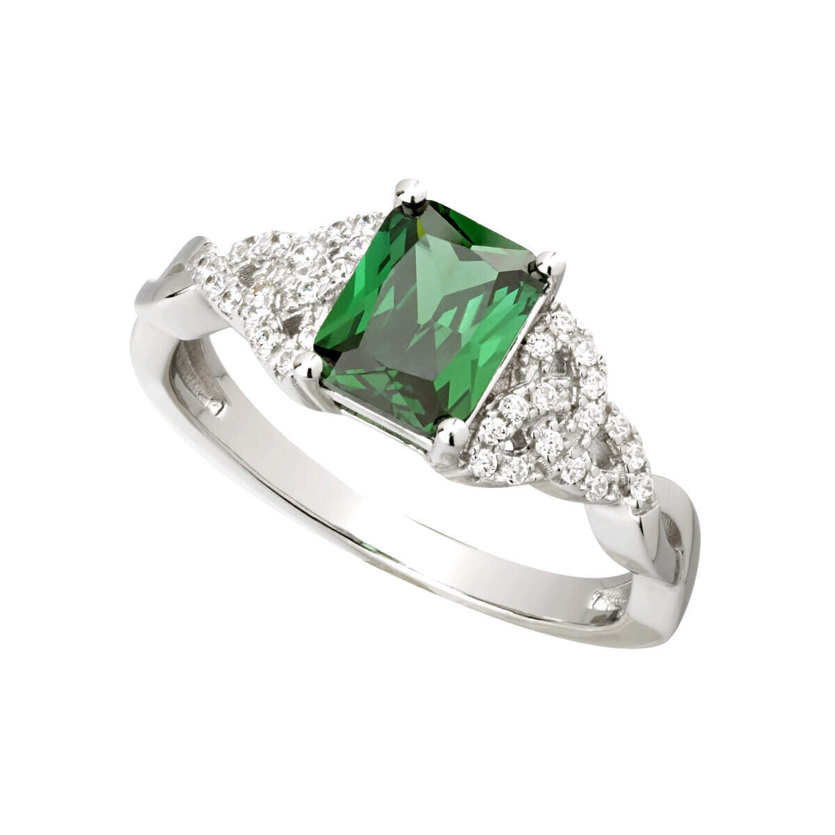 Ladies Silver Green Crystal Trinity Knot Ring
