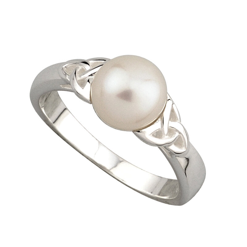Silver Pearl Trinity Knot Ring
