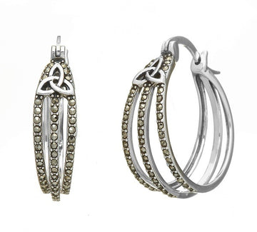 Three Strand Silver Marcasite Celtic Knot Hoop Earrings