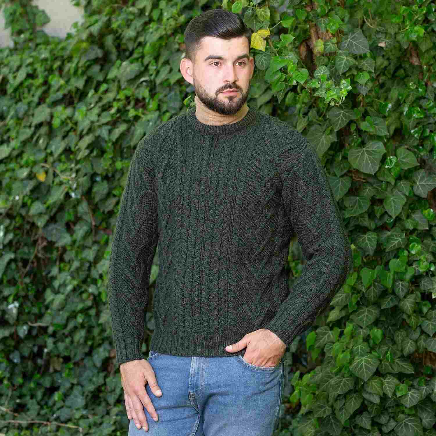 Men's Traditional Aran Crew Neck Green Sweater