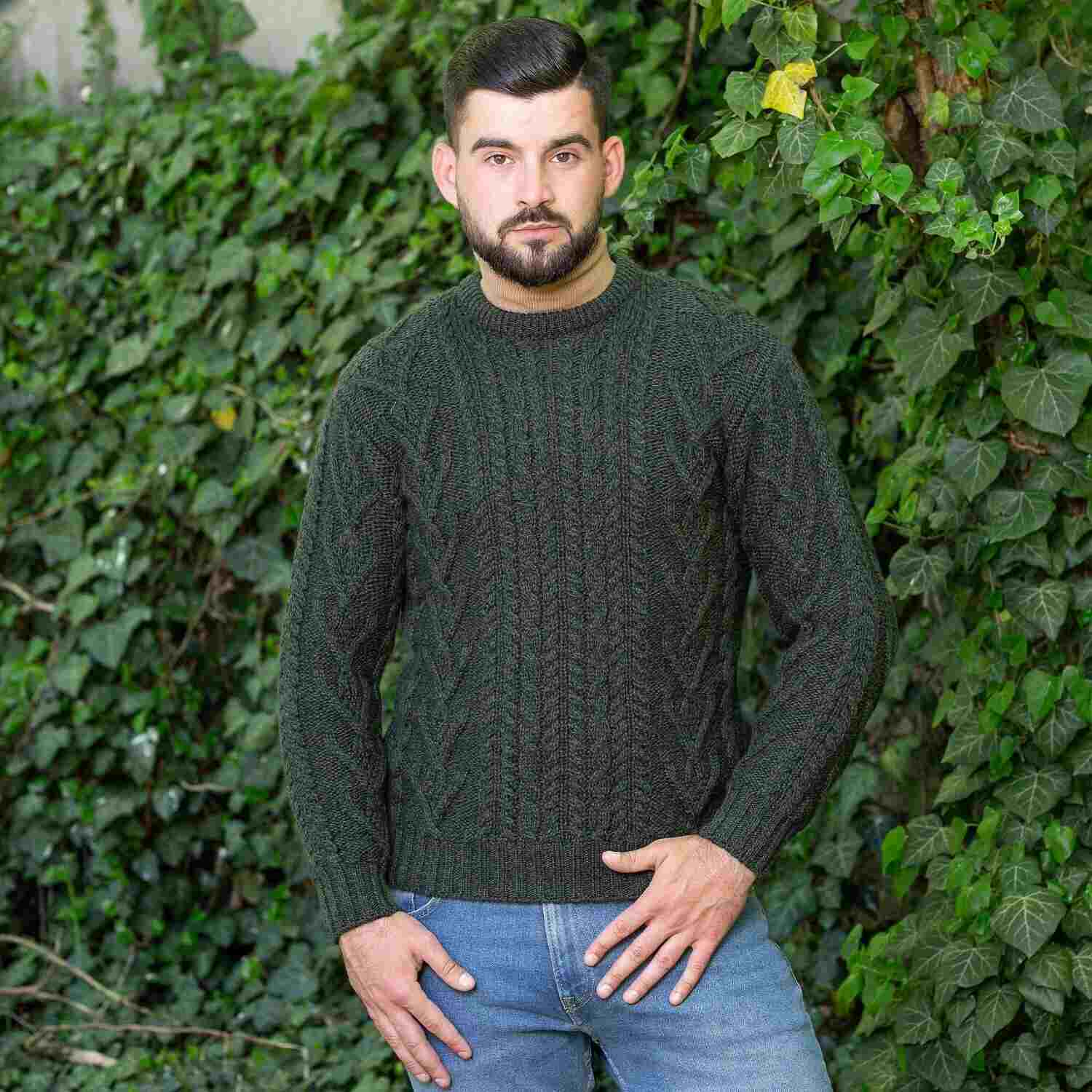 Men's Traditional Aran Crew Neck Green Sweater