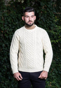 Men's White Traditional Aran Crew Neck Sweater