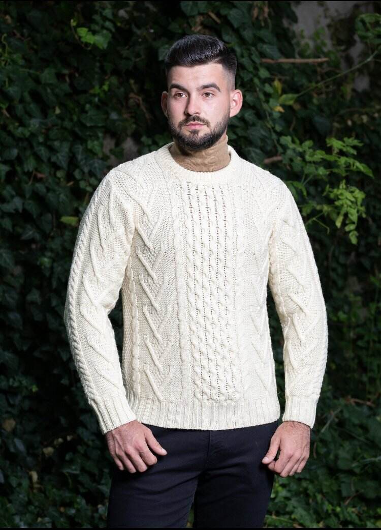Men's White Traditional Aran Crew Neck Sweater