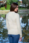 Ladies White Aran Knit Crew Neck Sweater
