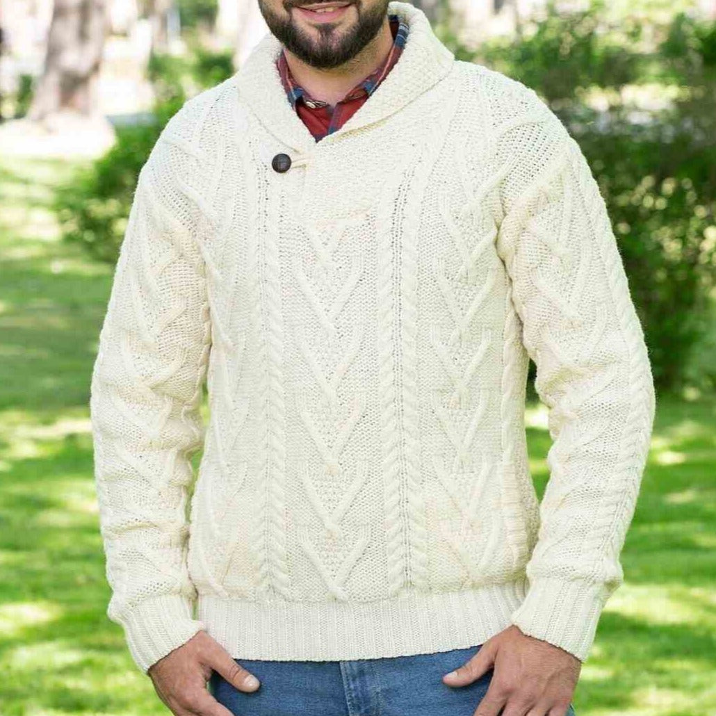 Men's White Shawl Collar Button Aran Sweater