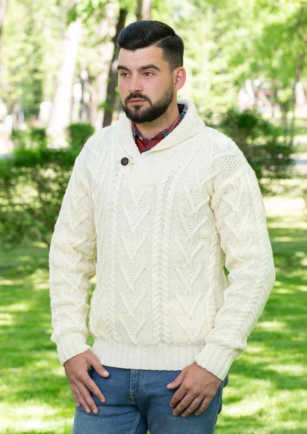 Men's White Shawl Collar Button Aran Sweater