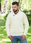 Men's White Shawl Collar Button Aran Sweater