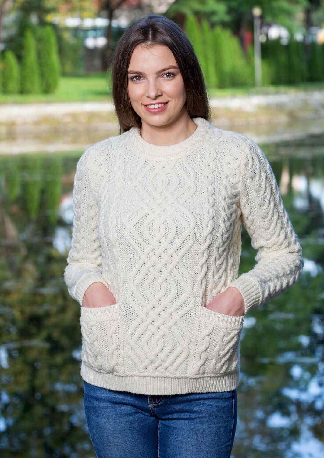 Ladies White Aran Knit Crew Neck Sweater