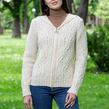 Ladies Double Collar Zipped Aran Cardigan