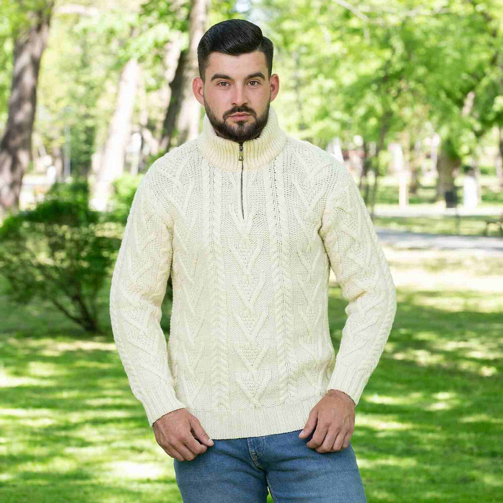 Men's White Zip Neck Fisherman Aran Sweater